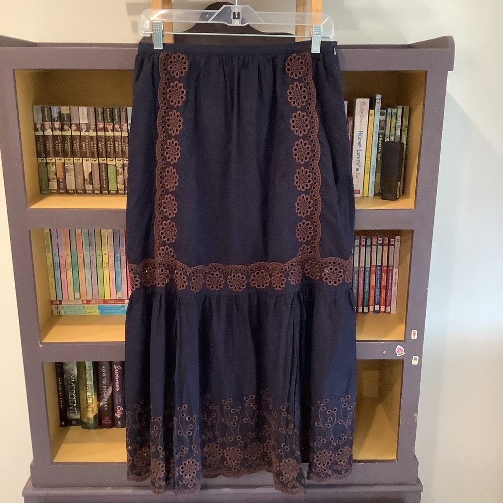 Women's Navy Blue Embroidered Tiered Skirt